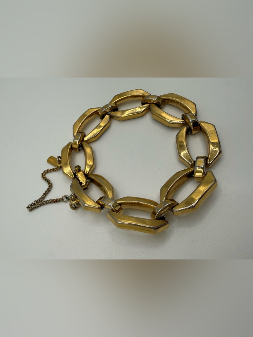 Vintage MONET Signed Chunky Gold Tone Hexagonal Link Bracelet 6.5" Safety Chain